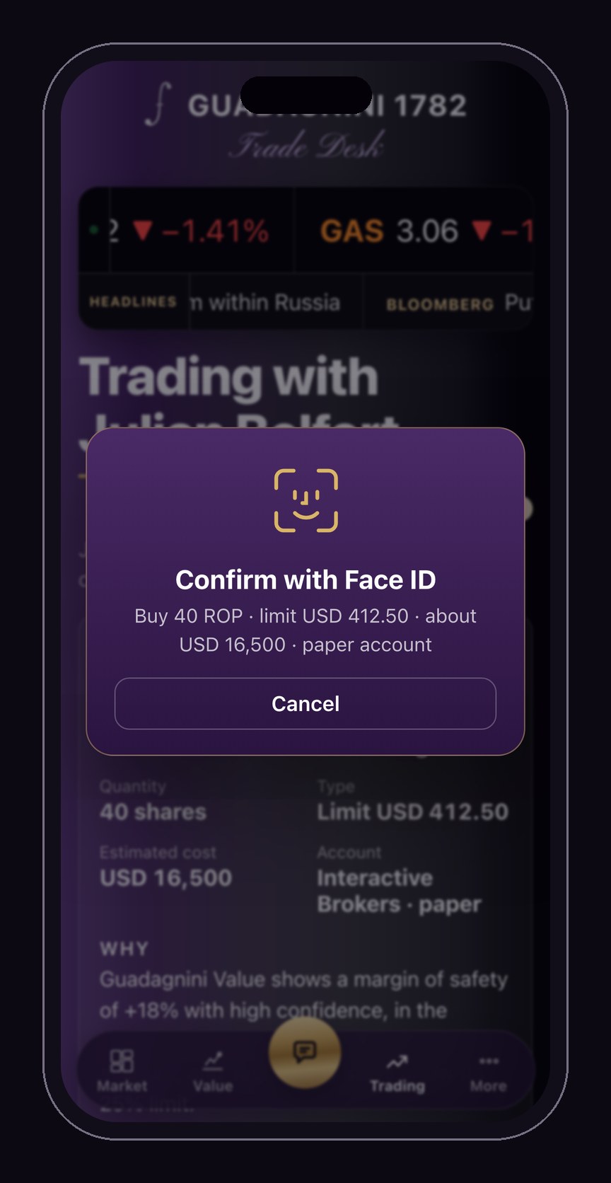 Preview: an order proposed by Julian, waiting for Face ID