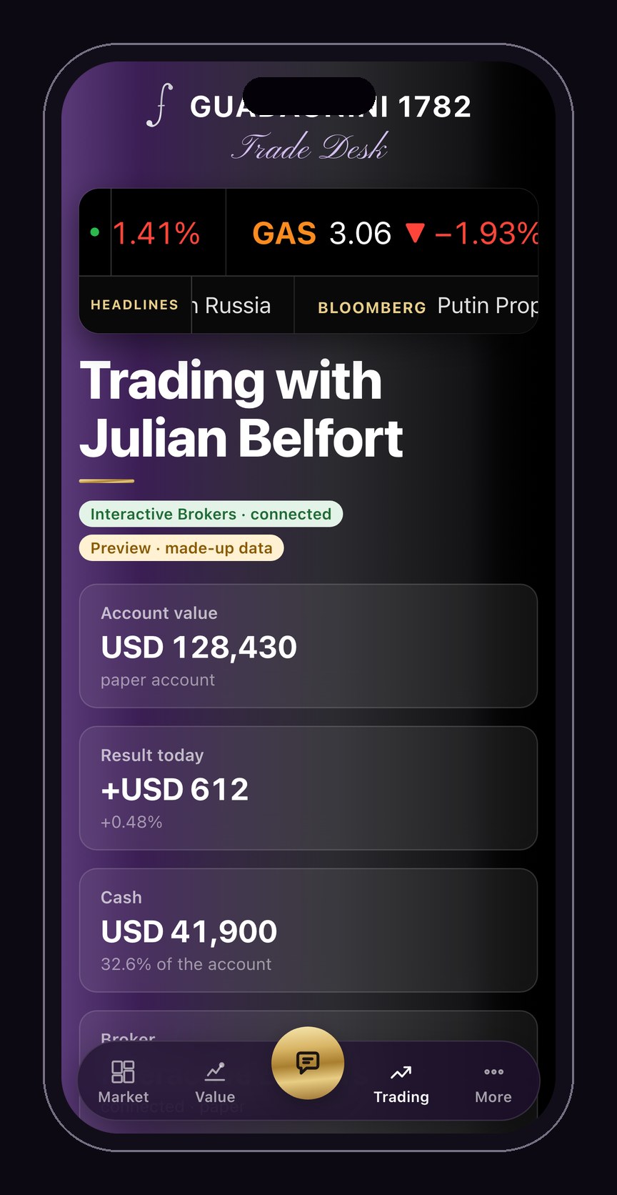 Preview: orders and positions of the linked account